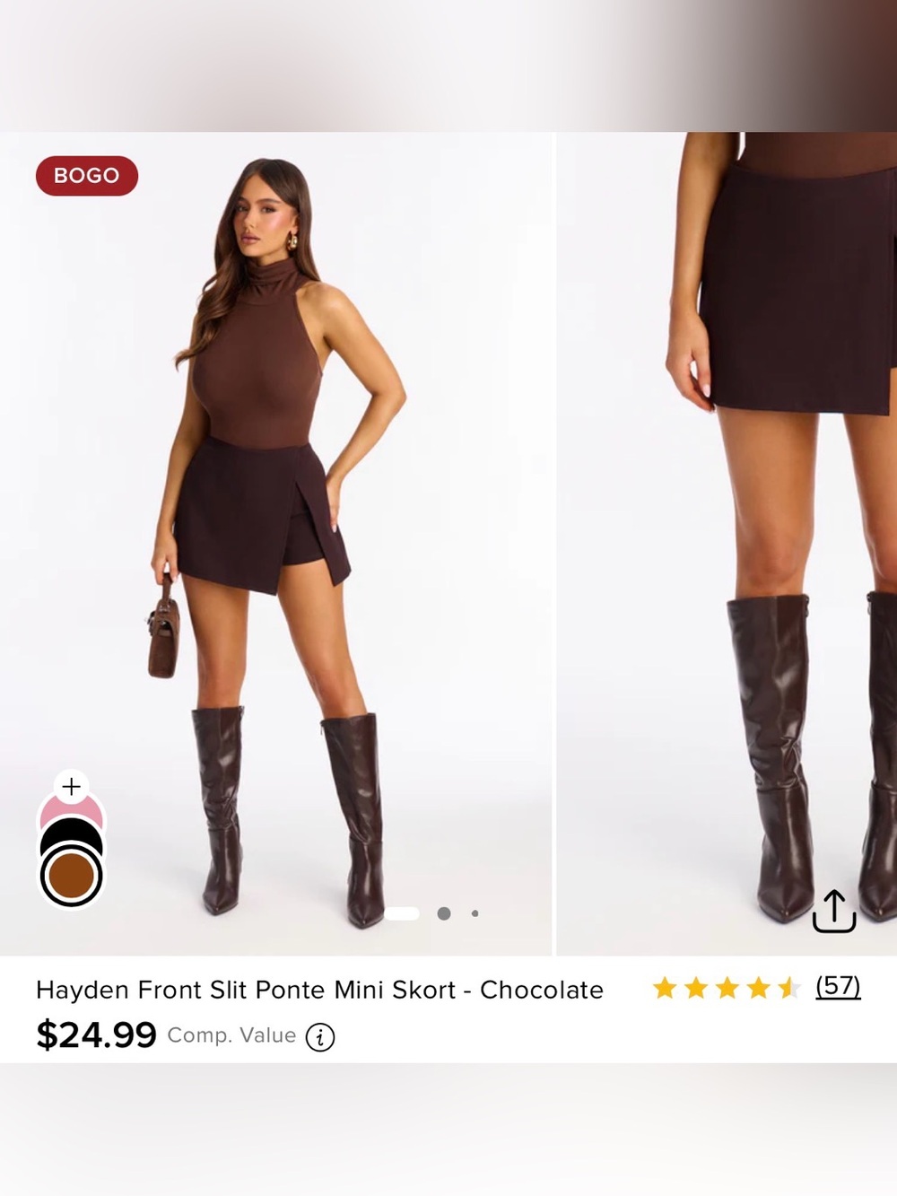 NWT Fashion Nova Chocolate Hayden Front Slit Ponte Mini Skort
